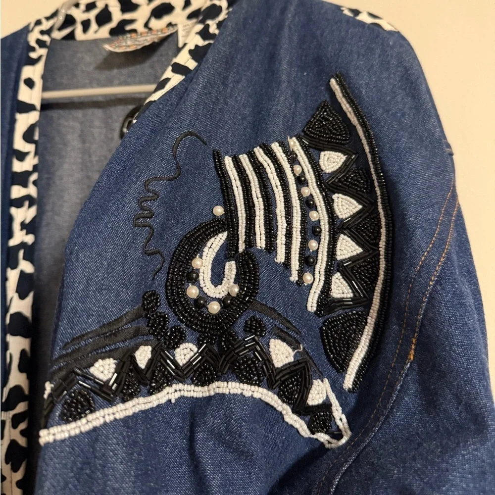 Vintage Molato Embellished beaded Longline Open Cardigan Duster Coat denim Large - Picture 4 of 9